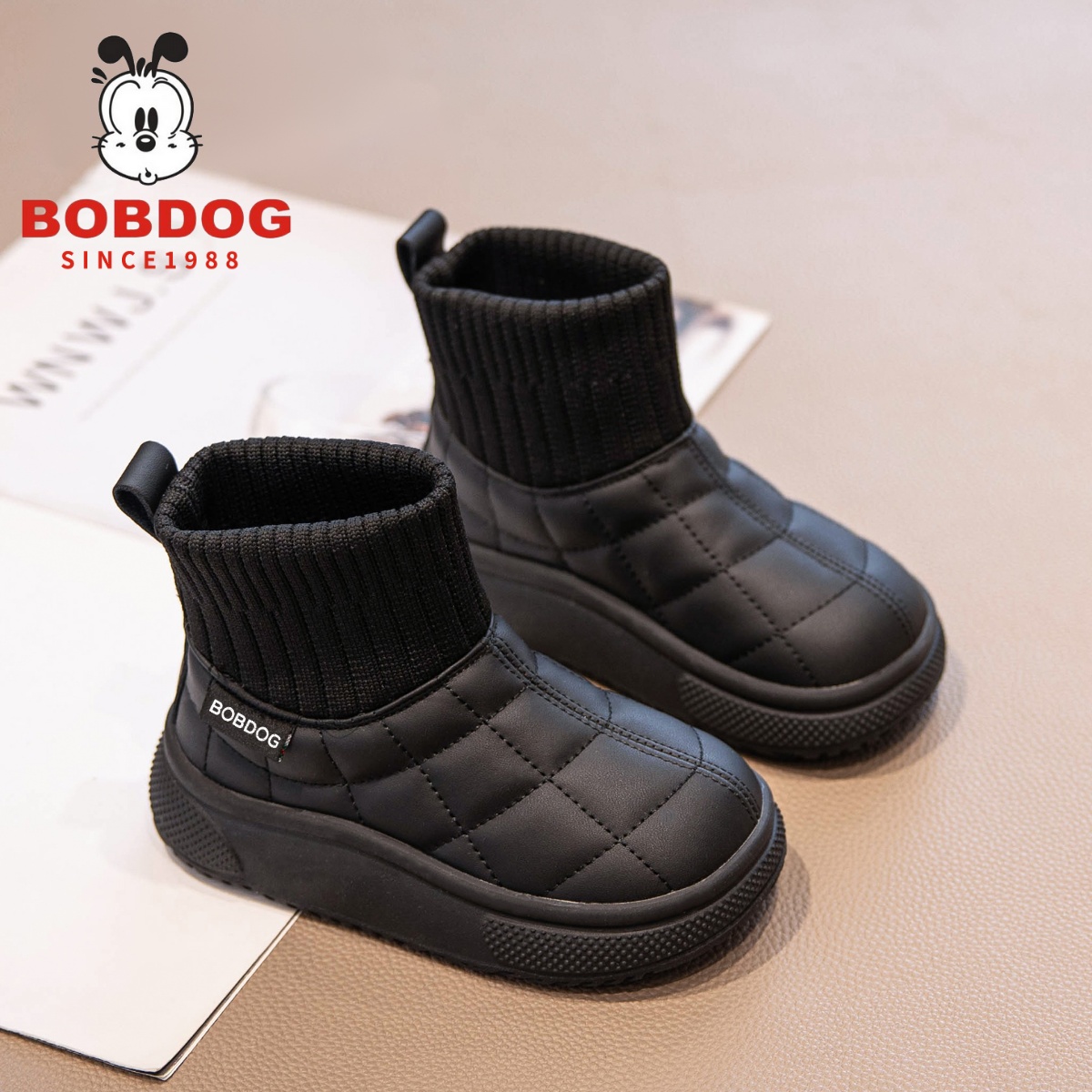 巴布豆真皮女童雪地靴加绒棉靴子