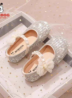 巴布豆真皮女童鞋子2025新款春秋女孩公主鞋软底水晶鞋儿童小皮鞋