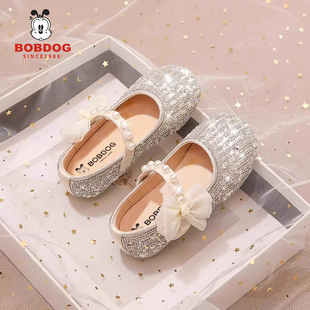 儿童小皮鞋 巴布豆真皮女童鞋 软底水晶鞋 春秋女孩公主鞋 子2025新款