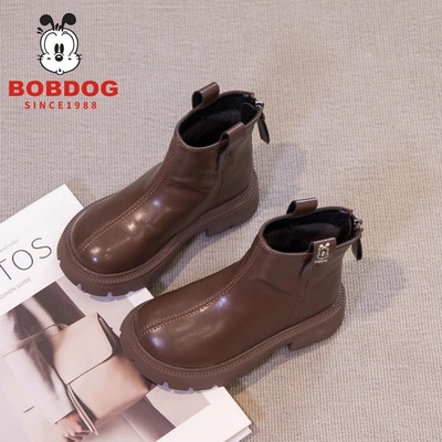 巴布豆真皮女童靴子加绒保暖短靴