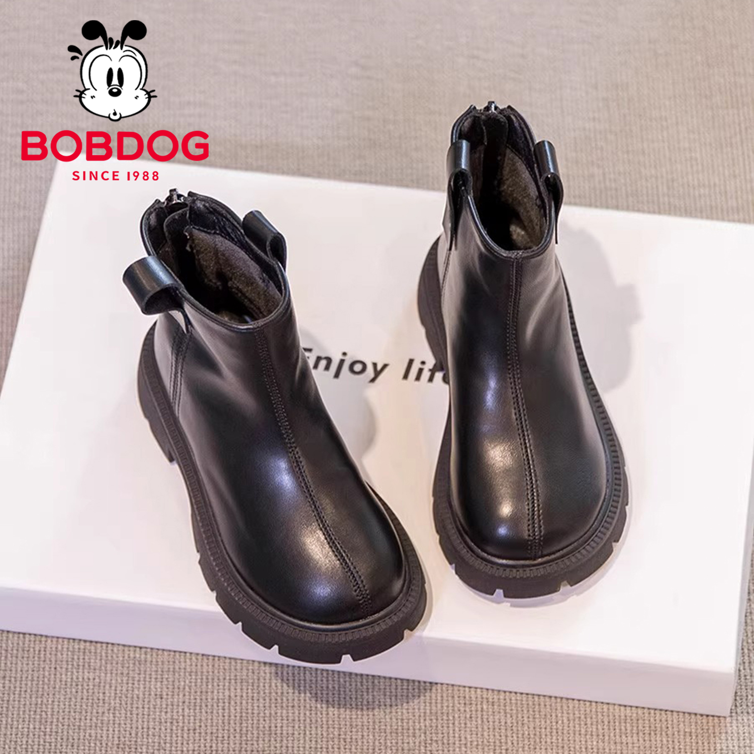 巴布豆真皮儿童马丁靴加绒靴子