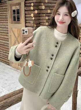 韩版小香风秋冬毛呢外套女短款绿色圆领排扣高级感小个子呢子外套
