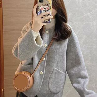 灰色简约毛呢外套女2025秋冬新款韩系减龄小香风长袖呢子大衣上衣