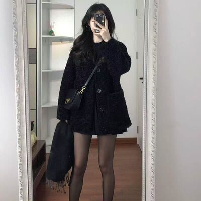 黑色皮毛一体毛外套女2025冬加厚