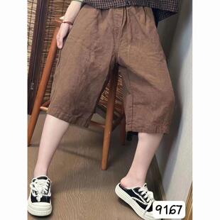 纯色高品亚麻中裤 复古大码 五分裤 休闲百搭宽松直筒韩版 棉麻七分裤