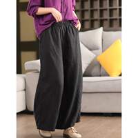 2026 New style cotton and linen wide-leg pants for women, retro sand-washed wide-leg pants, casual elastic tight waist slimming, 9-inch pants for summer loose thumbnail 5