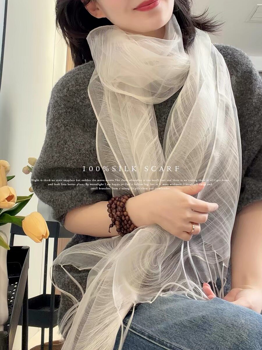 韩版米色真丝乔其纱围巾女夏季薄款桑蚕丝长条飘带时尚搭配护颈