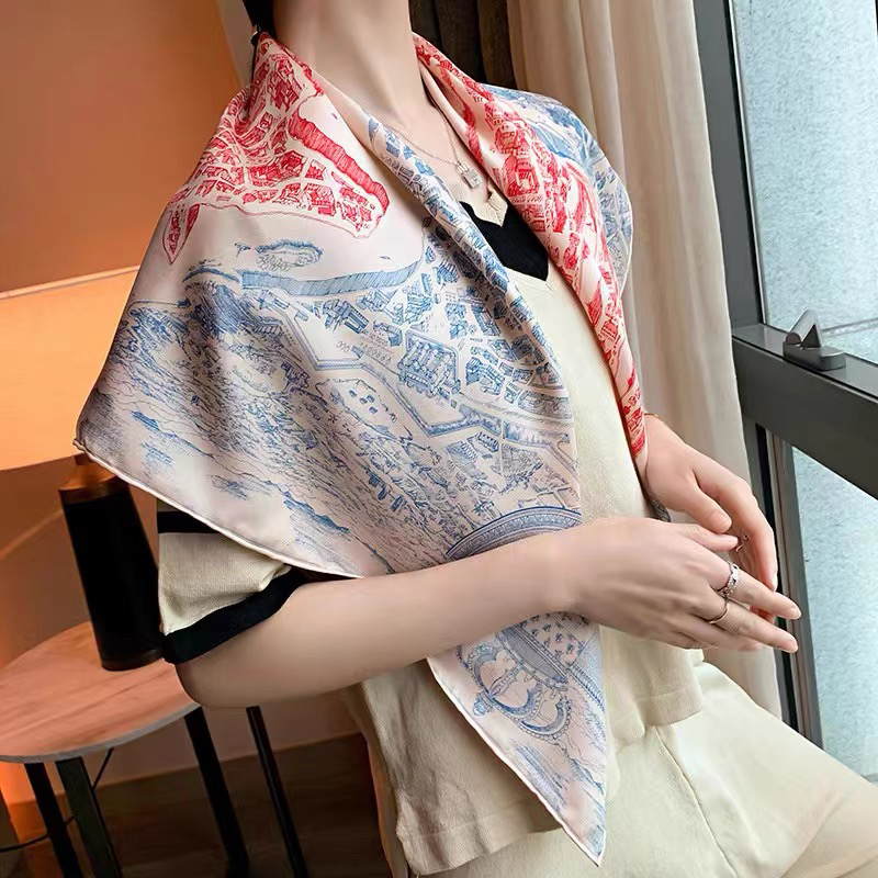 真丝90大方巾黑色山茶花气质百搭桑蚕丝丝巾女生高级感春季防晒