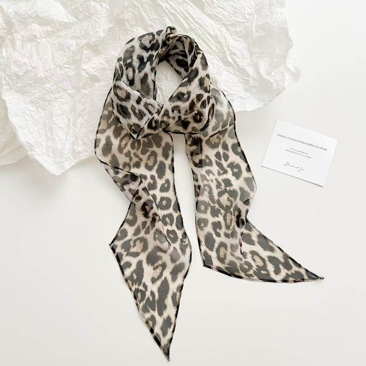 时髦豹纹纯真丝丝巾女春夏新款100%桑蚕丝飘带高级发带小领巾礼物