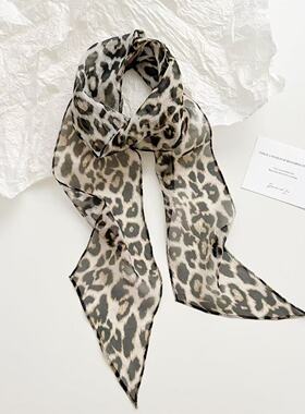 时髦豹纹纯真丝丝巾女春夏新款100%桑蚕丝飘带高级发带小领巾礼物