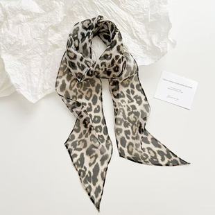 时髦豹纹纯真丝丝巾女春夏新款100%桑蚕丝飘带高级发带小领巾礼物