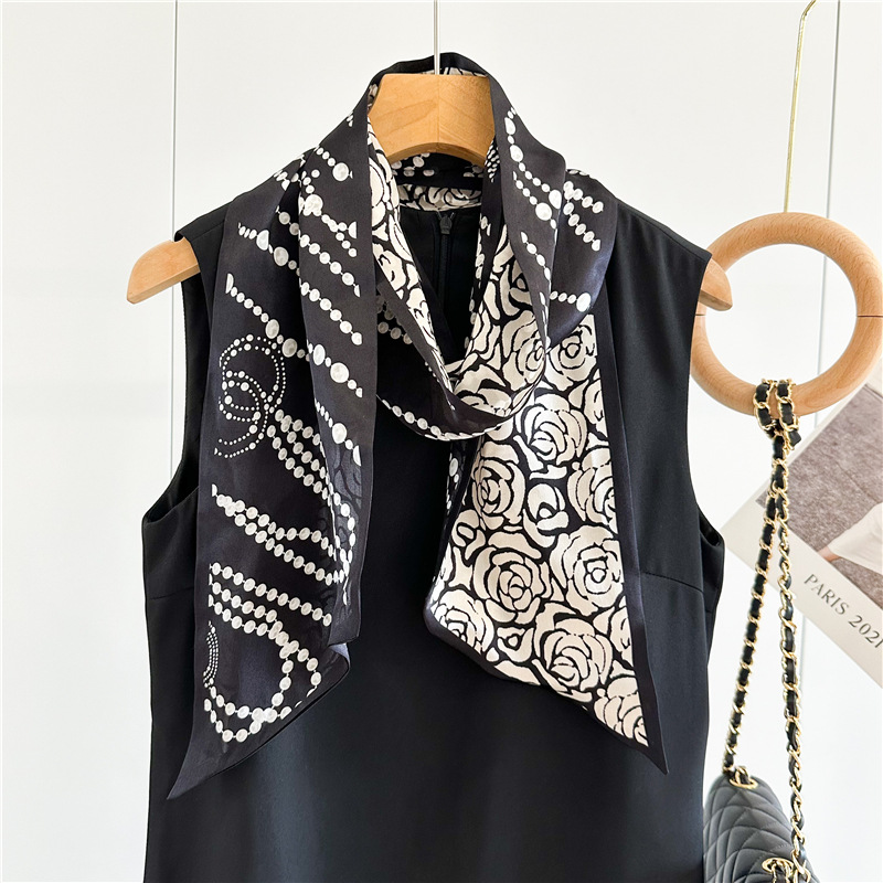 100桑蚕丝真丝丝巾女黑色气质链条茶花细窄长双层双面领巾长飘带,服饰配件/皮带/帽子/围巾,围巾/丝巾/披肩,淘宝优惠券,粉丝福利购,淘宝优惠卷