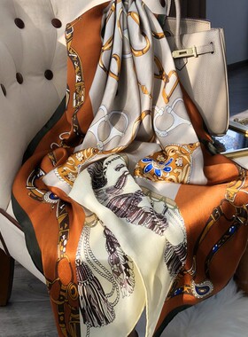 杭州丝绸真丝围巾女春秋季韩版百搭110皮扣大方巾桑蚕丝丝巾披肩