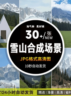 高清JPG雪山绿色草坪浪漫旅拍婚纱照背景影楼后期合成PS设计素材