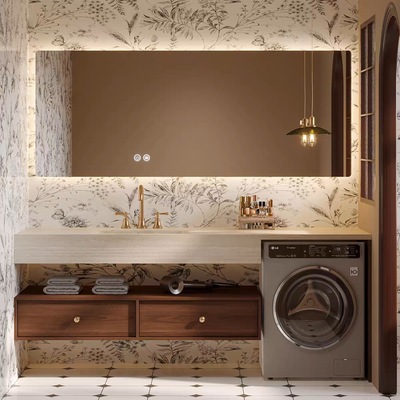 中古风阳台洗衣机柜组合岩板热弯一体盆浴室柜卫生间洗漱台浴室柜