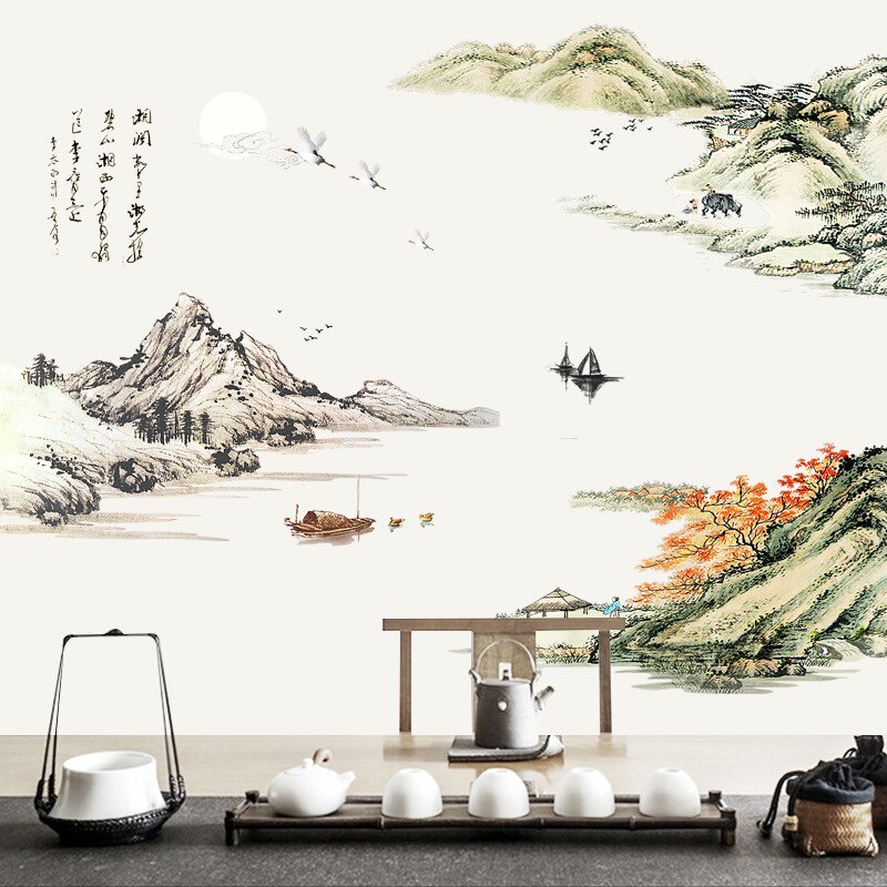古风画墙贴纸餐厅背景墙上壁纸自粘墙纸卧室墙壁贴画遮丑墙面字画
