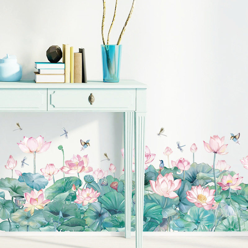 中国古风荷塘荷花墙贴画自粘卧室温馨装饰客厅沙发电视背景墙贴纸