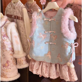 萌马驾到~女童新年拜年唐装套装汉服新中式马甲中国风宝宝拜年服