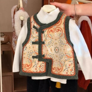 前程似锦男童中国风马甲 25冬季新品儿童汉服金色宝宝拜年服马甲