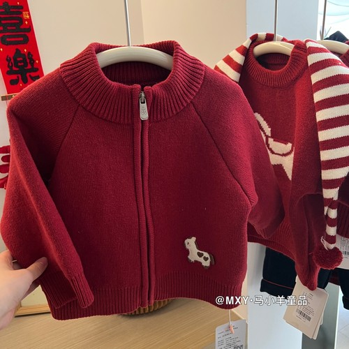 儿童新年加厚毛衣亲子小马红衣服