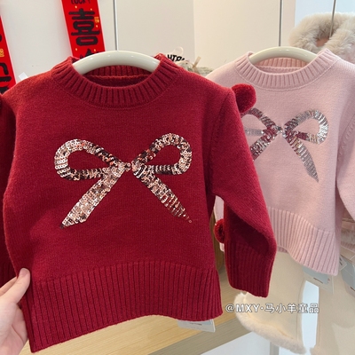 女童冬季韩版亮片蝴蝶结毛衣新年