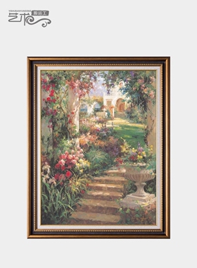 世界名油画欧式花园复古典风景手绘玄关美式高级感客厅装饰挂画