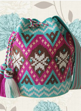 哥仑比亚WAYUU部落手工编织包瓦尤包双股大号蓝玫粉白枫叶