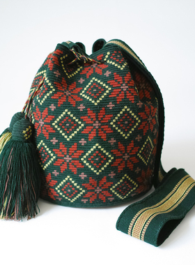 哥仑比亚WAYUU部落手工编织包瓦尤包单股大号墨绿砖棕红枫叶