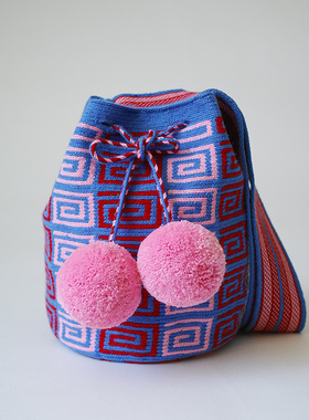 哥仑比亚WAYUU部落手工编织包瓦尤包单股小号蓝粉红回型迷宫好球