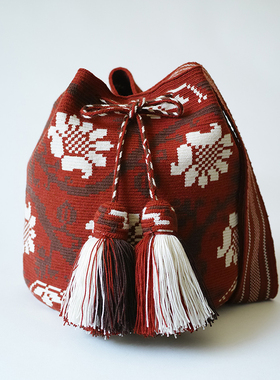 哥仑比亚WAYUU部落手工编织包瓦尤包单股大号砖棕红彼岸花文艺