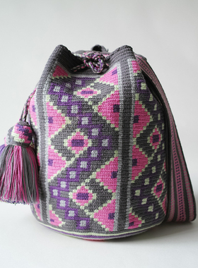 哥仑比亚WAYUU部落手工编织包瓦尤包双股大号灰粉现货