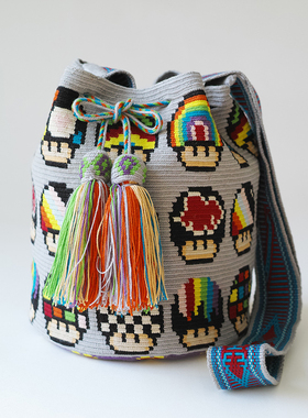 哥仑比亚WAYUU部落手工编织包瓦尤包单股大号灰色底彩色蘑菇头