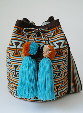 哥仑比亚WAYUU部落手工编织包瓦尤包单股大号深咖蓝姜黄球流苏