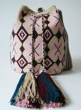 哥仑比亚WAYUU部落手工编织包瓦尤包单股大号米粉蓝枣红