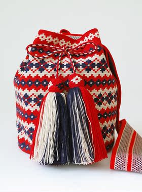 哥仑比亚WAYUU部落手工编织瓦尤包羊毛包单股大号正红深蓝米花花