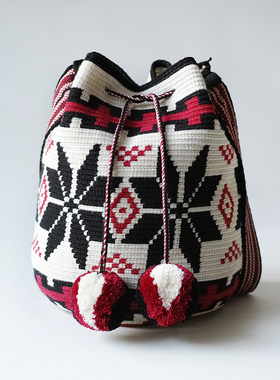 哥仑比亚WAYUU部落手工编织包瓦尤包双股大号白底红大枫叶球球