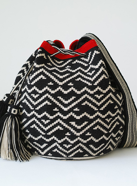 哥仑比亚WAYUU部落手工编织包瓦尤包单股大号黑白波浪红边
