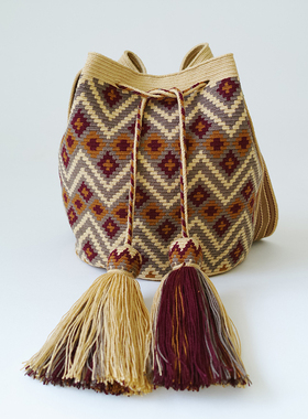 哥仑比亚WAYUU部落手工编织包瓦尤包单股中号米黄灰棕咖波纹菱形