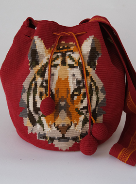 哥仑比亚WAYUU部落手工编织瓦尤包单股大号红色大老虎
