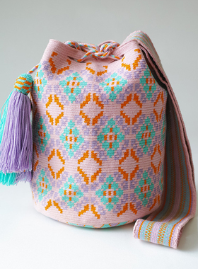 哥仑比亚WAYUU部落手工编织包瓦尤包单股大号浅粉色桔蓝花花凸底