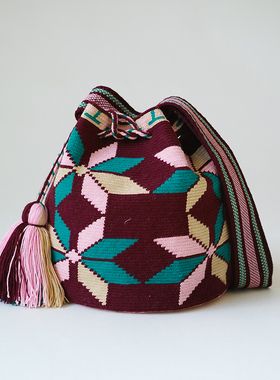 哥仑比亚WAYUU部落手工编织包瓦尤包单股中号枣红枫叶