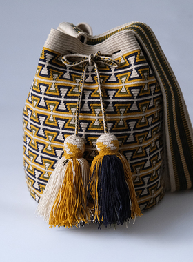 哥仑比亚WAYUU部落手工编织瓦尤包单股大号金线姜黄蓝欧式特肩带