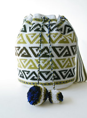 哥仑比亚WAYUU部落手工编织瓦尤包水桶包单股中号羊毛白底绿