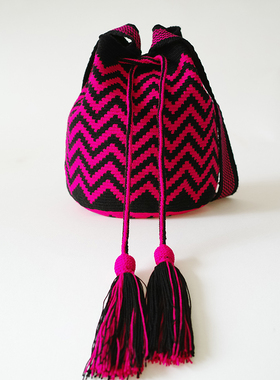 哥仑比亚WAYUU部落手工编织包水桶包单股中小号黑玫粉波纹现货