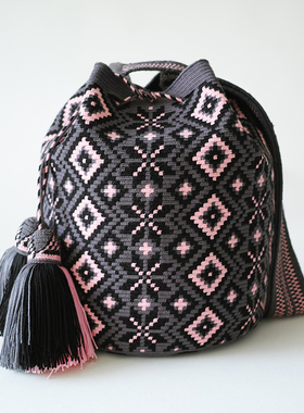 哥仑比亚WAYUU部落手工编织瓦尤包水桶包单股大号深灰粉配色