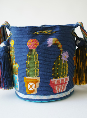 哥仑比亚WAYUU部落手工编织瓦尤包水桶包单股中号米黄仙人掌