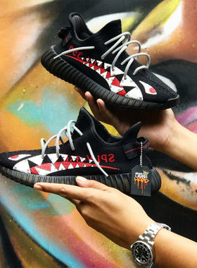 DIY定制YEEZY椰子鞋鲨鱼锯齿彩绘涂鸦350球鞋改色手绘 自备鞋子