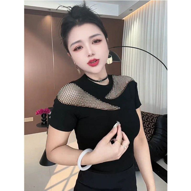 欧洲站新款高级感重工上衣修身短袖烫钻t恤女时尚洋气夏装半袖衫