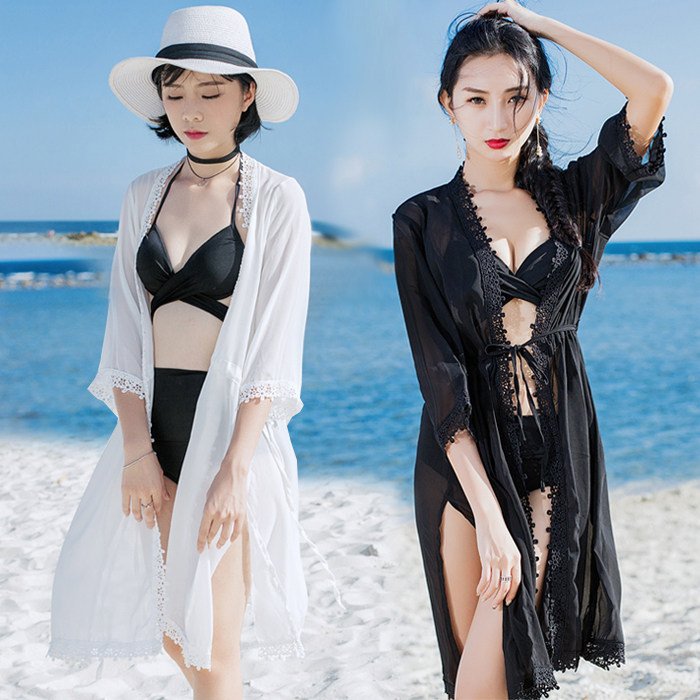 沙滩游泳衣女新品外套罩衫开衫中长款七分袖海边度假温泉雪纺外搭