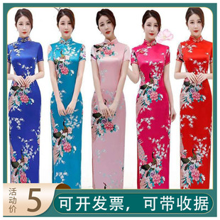 演出长款旗袍短袖开叉复古舞台演出礼仪走秀连衣裙特价服装出租赁